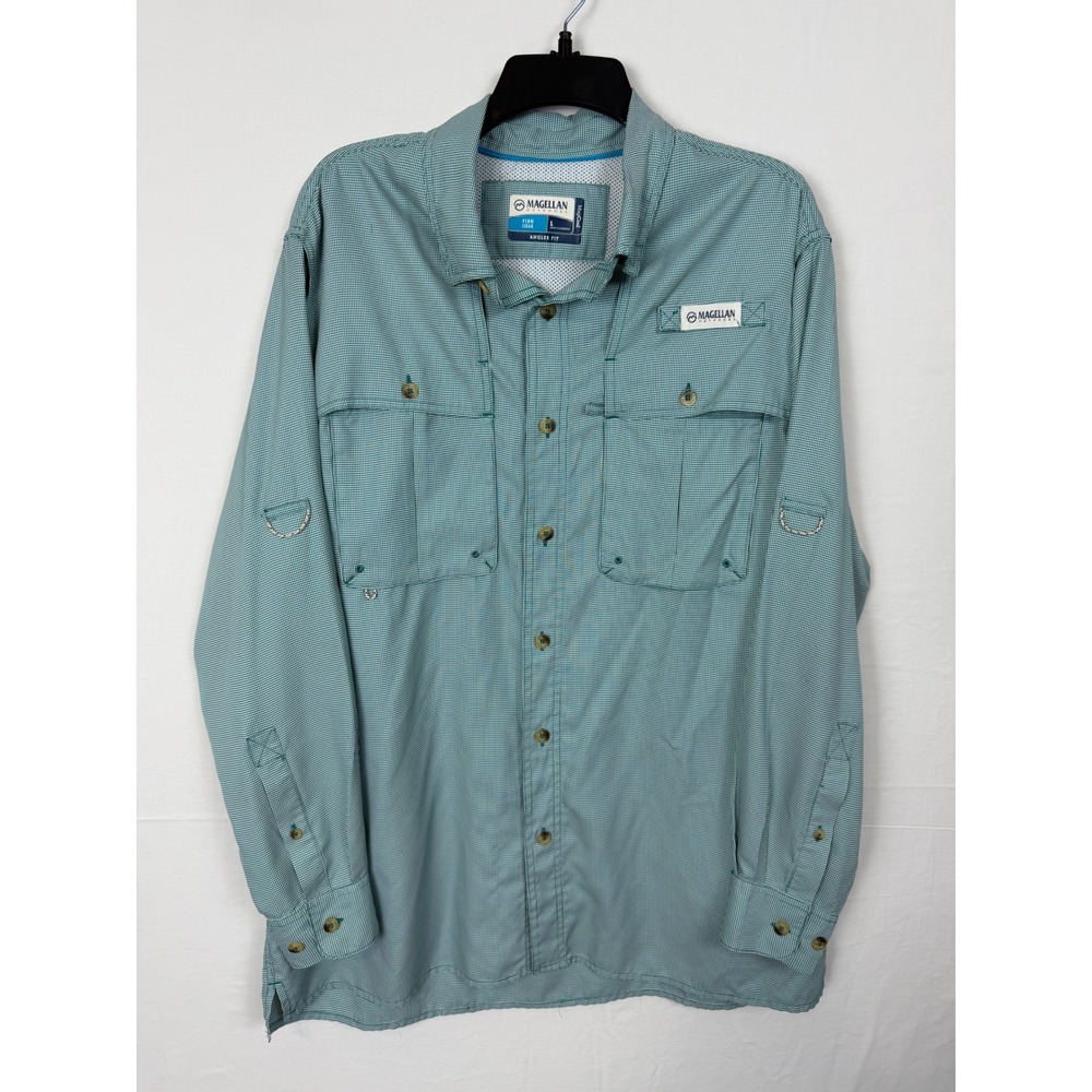 Magellan Mag Cool Men Polyester Fishing Shirt L Teal Micro Check Angler Fit